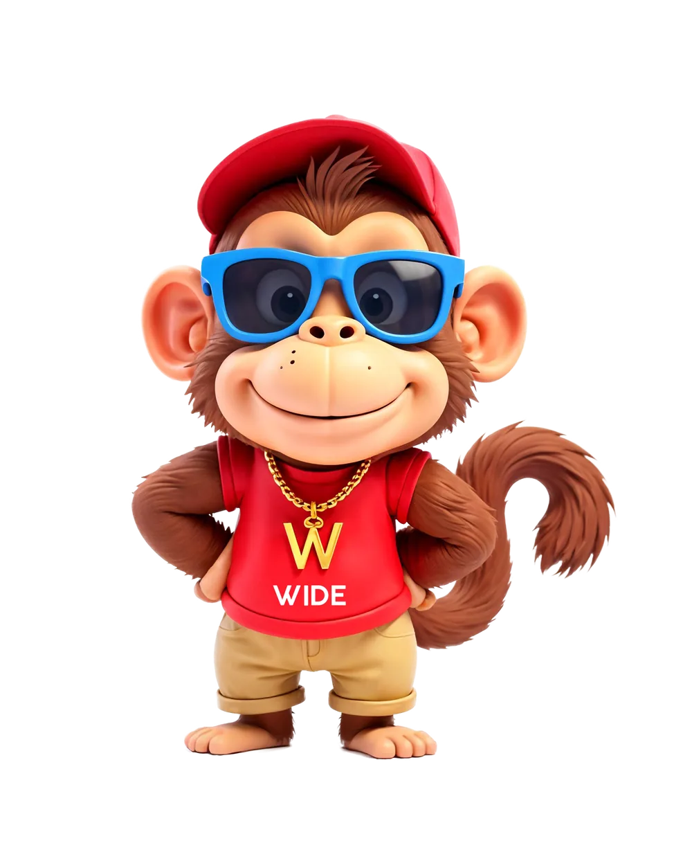 Mascota de Wide: mono sonriente con gorra roja, gafas azules y una W en su collar